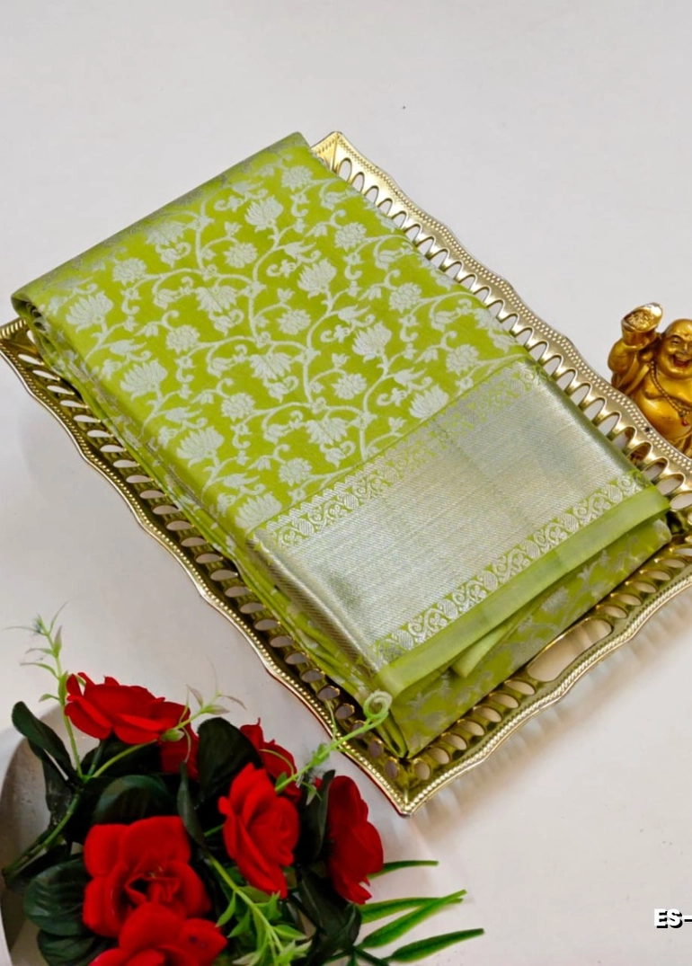 Bridal silk gold silvar and copper zari weave and wedding art silk sarees - light green